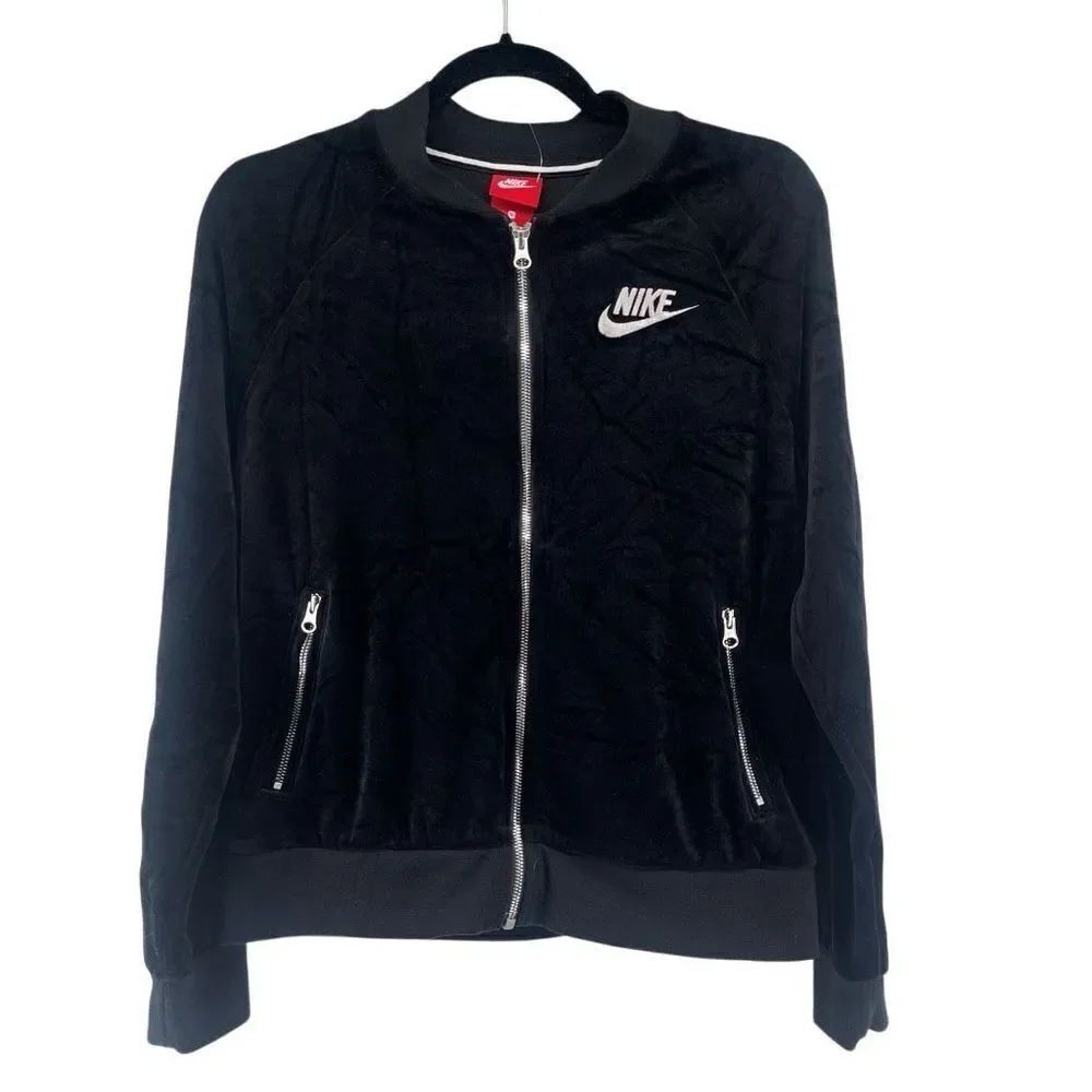 Nike Sportswear Women’s Black/Metallic Silver Full Zip Velour Jacket Small